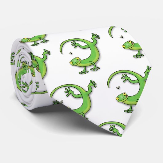 Cute happy green gecko greetings with bug cartoon ネクタイ (ロール)
