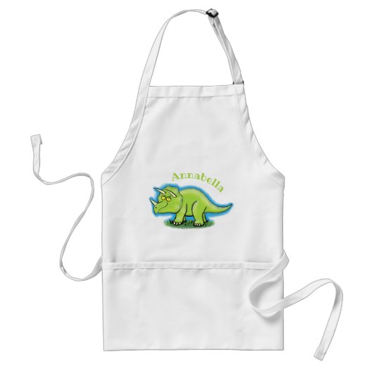 Cute happy green triceratops dinosaur cartoon スタンダードエプロン (正面)
