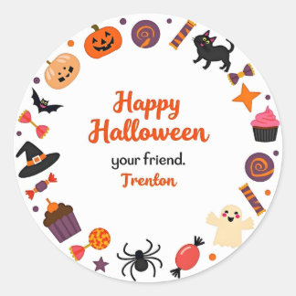 Cute Happy Halloween Sticker with Candy and Ghost ラウンドシール