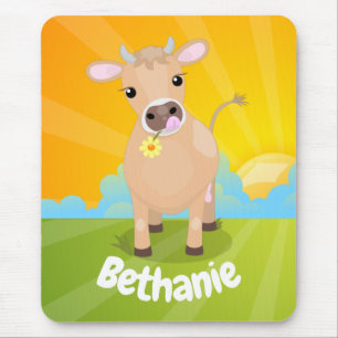 Cute happy jersey cow and flower sunrise cartoon マウスパッド