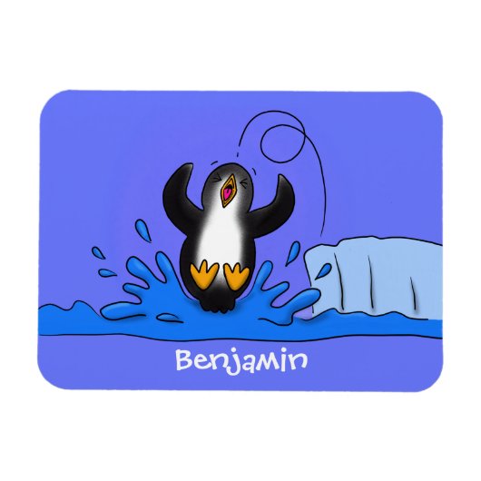 Cute happy jumping penguin cartoon illustration マグネット (横)
