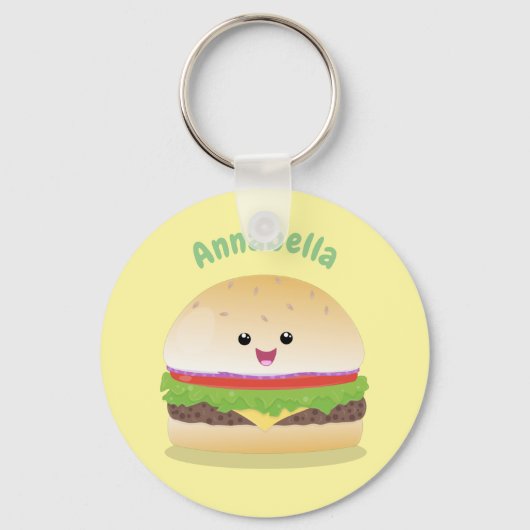 Cute happy kawaii hamburger cartoon キーホルダー (正面)