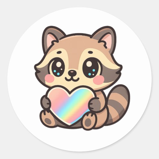 Cute Happy Kawaii Raccoon with Rainbow Heart ラウンドシール (正面)