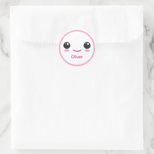 Cute Happy Kawaii Smile Customizable Sticker Pink ラウンドシール (バッグ)