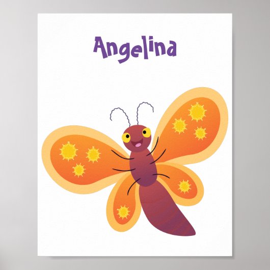 Cute happy orange butterfly cartoon illustration ポスター (正面)