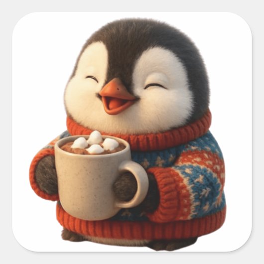 Cute Happy Penguin in Sweater Hot Cocoa スクエアシール (正面)