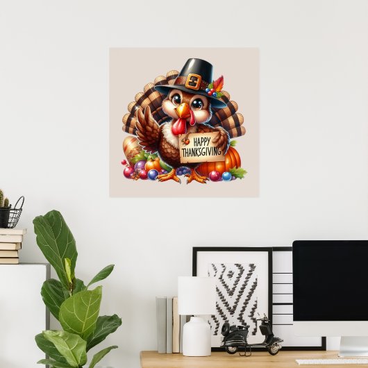Cute Happy Thanksgiving turkey  ポスター (ホームオフィス)