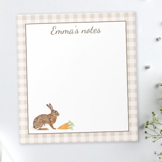 Cute Hare With Carrots On Beige Gingham Easter ノートパッド