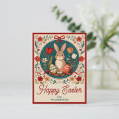 Cute Hare with Eggs& Spring Flowers Happy Easter ポストカード (スタンド正面)