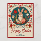 Cute Hare with Eggs& Spring Flowers Happy Easter ポストカード (正面)