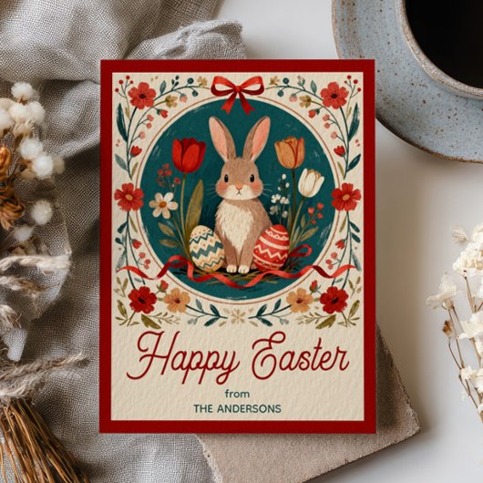 Cute Hare with Eggs& Spring Flowers Happy Easter ポストカード