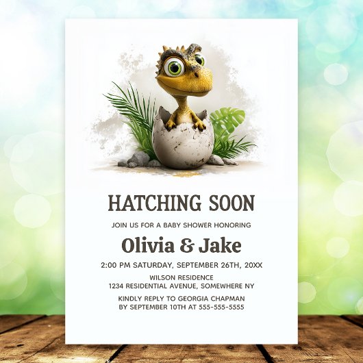 Cute Hatching Soon Dinosaur Baby Shower Invitation 招待状