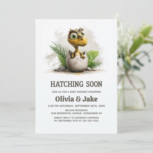 Cute Hatching Soon Dinosaur Baby Shower Invitation 招待状 (スタンド正面)