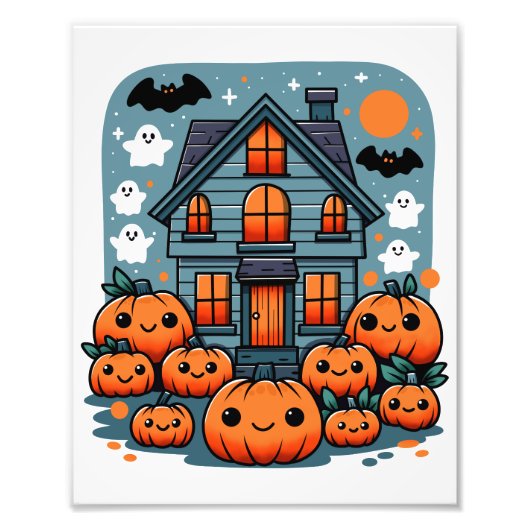 Cute Haunted House Halloween Pumpkins Ghosts & Bat フォトプリント (正面)