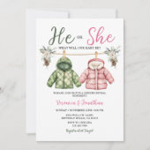 Cute He or she Winter Clothes Gender Reveal Floral 招待状 (正面)