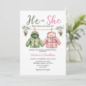 Cute He or she Winter Clothes Gender Reveal Floral 招待状 (スタンド正面)