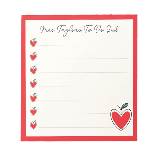 Cute Heart Apple Teacher To Do List Valentine Gift ノートパッド (正面)