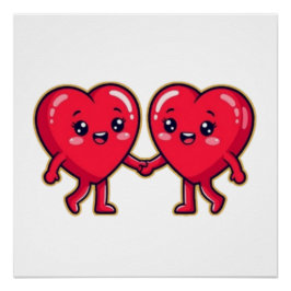 Cute Heart Characters Holding Hands ポスター