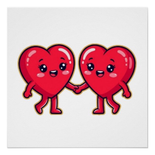 Cute Heart Characters Holding Hands ポスター (正面)