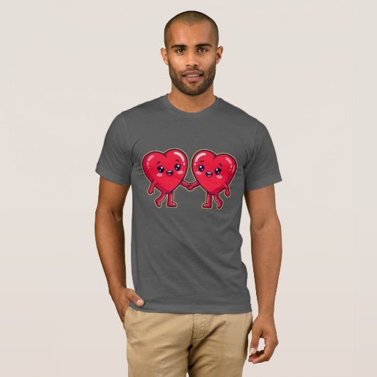 Cute Heart Characters Holding Hands Tシャツ (正面フル)