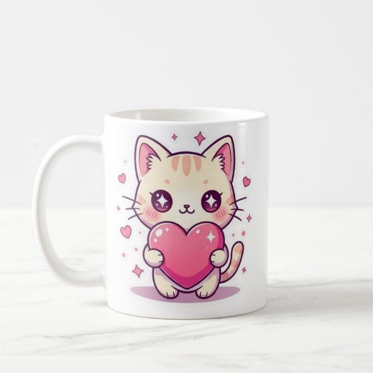 Cute Heart Kitten Mug - Aesthetic Pastel Cat Coffe コーヒーマグカップ (左)