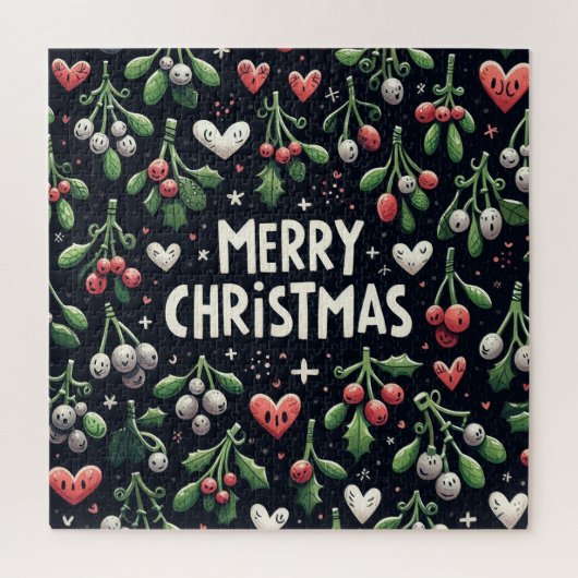 Cute hearth Christmas Mistletoe branch ジグソーパズル (縦)
