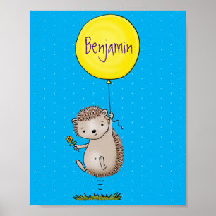 Cute hedgehog and balloon cartoon pattern ポスター