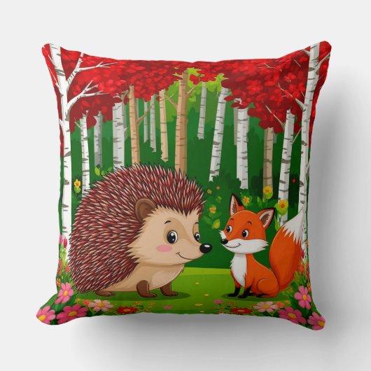 Cute Hedgehog and fox n a Bright Forest クッション (正面)