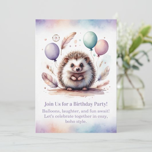 Cute Hedgehog Birthday Invitation – Woodland Boho  招待状 (スタンド正面)
