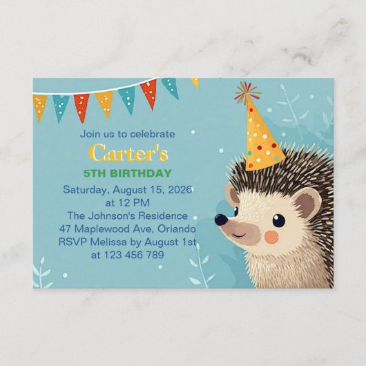 Cute Hedgehog Birthday Party Invitation エンクロージャーカード (正面)