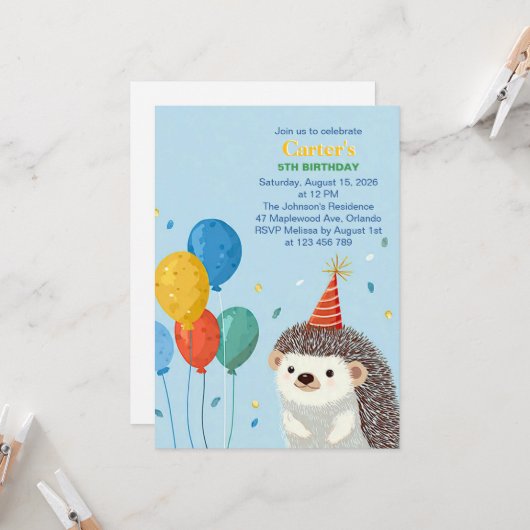 Cute Hedgehog Birthday Party Invitation 招待状 (正面/裏面インサイチュ)
