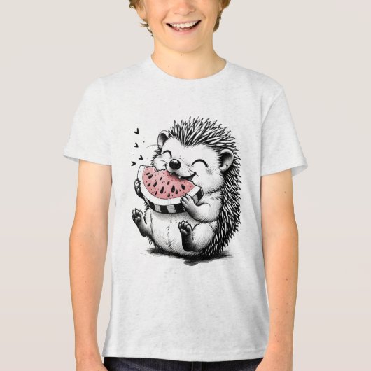 Cute Hedgehog Eating Watermelon Art トライブレンドＴシャツ (正面)