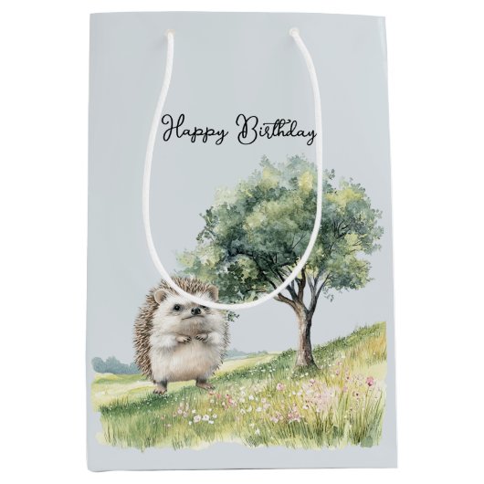 Cute Hedgehog Meadow with Tree Birthday ミディアムペーパーバッグ (正面)