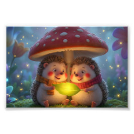 Cute Hedgehog Mushroom Art – Cozy Woodland Fantasy フォトプリント