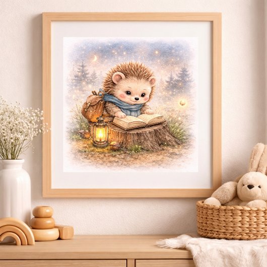 Cute Hedgehog Reading A Book Kids Nursery ポスター