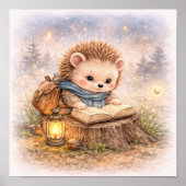 Cute Hedgehog Reading A Book Kids Nursery ポスター (正面)