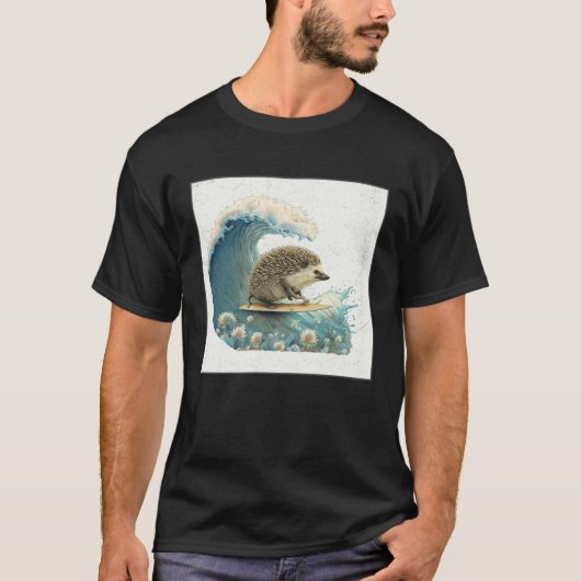 Cute Hedgehog Surfing Illustration Sea Great Wave  Tシャツ (正面)