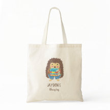 Cute Hedgehog with Books Kid Name Library Bag