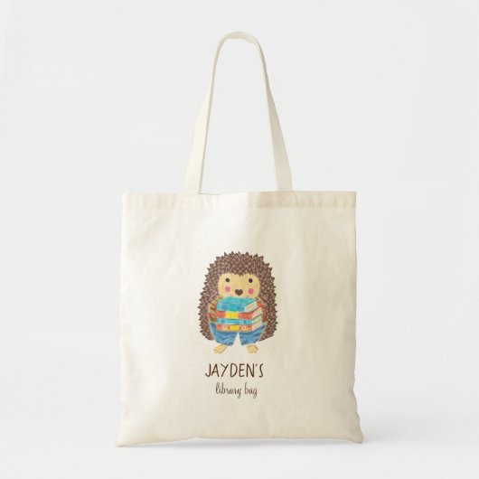 Cute Hedgehog with Books Kid Name Library Bag トートバッグ (正面)