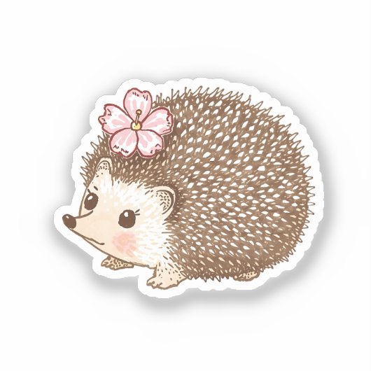 Cute Hedgehog with Flower Watercolor Sticker シール (正面)