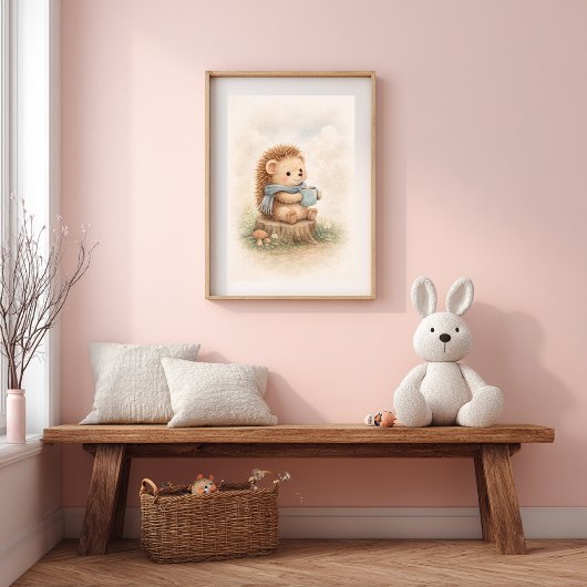 Cute Hedgehog with Mug Neutral Kids Room ポスター