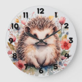 Cute hedgehog with Spring flowers ラージ壁時計 (正面)