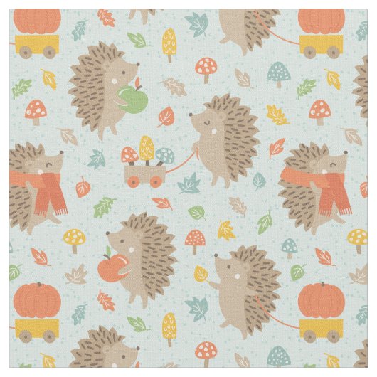 Cute Hedgehogs with Little Leaves blue ファブリック (クローズアップ)