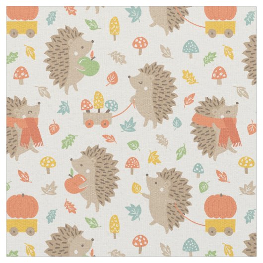 Cute Hedgehogs with Little Leaves cream ファブリック (クローズアップ)