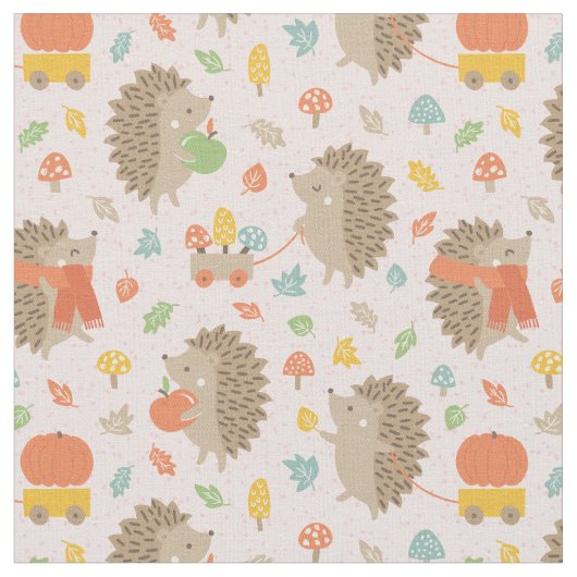 Cute Hedgehogs with Little Leaves Pink ファブリック (クローズアップ)