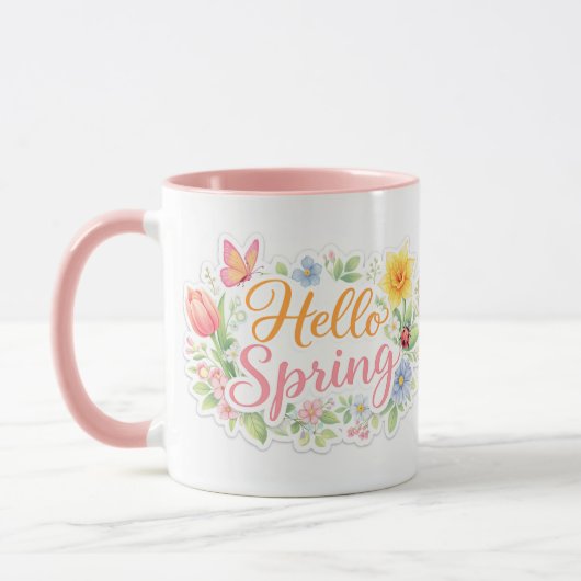 Cute Hello Spring Floral Mug | Customizable マグカップ (左)