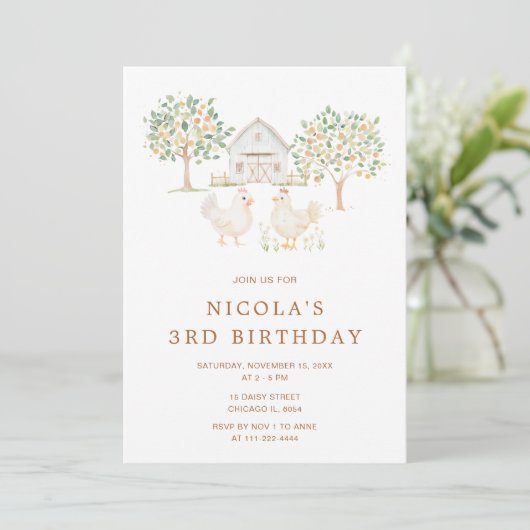 Cute Hens Farm Barn Birthday Party 招待状 (スタンド正面)