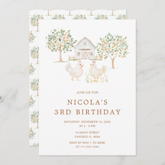 Cute Hens Farm Barn Birthday Party 招待状 (正面/裏面)