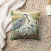 Cute Heron Mama And Chicks River and Lake Animals  クッション (ブランケット)