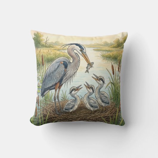 Cute Heron Mama And Chicks River and Lake Animals  クッション (正面)
